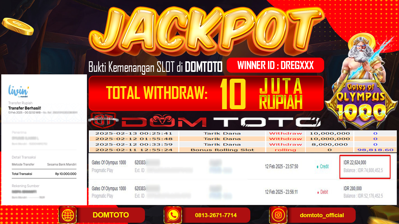 JACKPOT SLOT GATE OF OLYMPUS 1000 13 FEBRUARI 2025